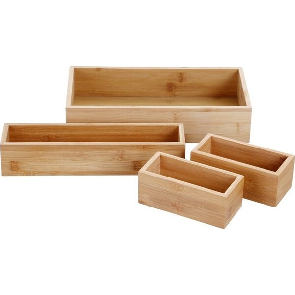 Four-piece set of bamboo trays for drawer organisation, perfect for home organisation services and decluttering NZ homes.