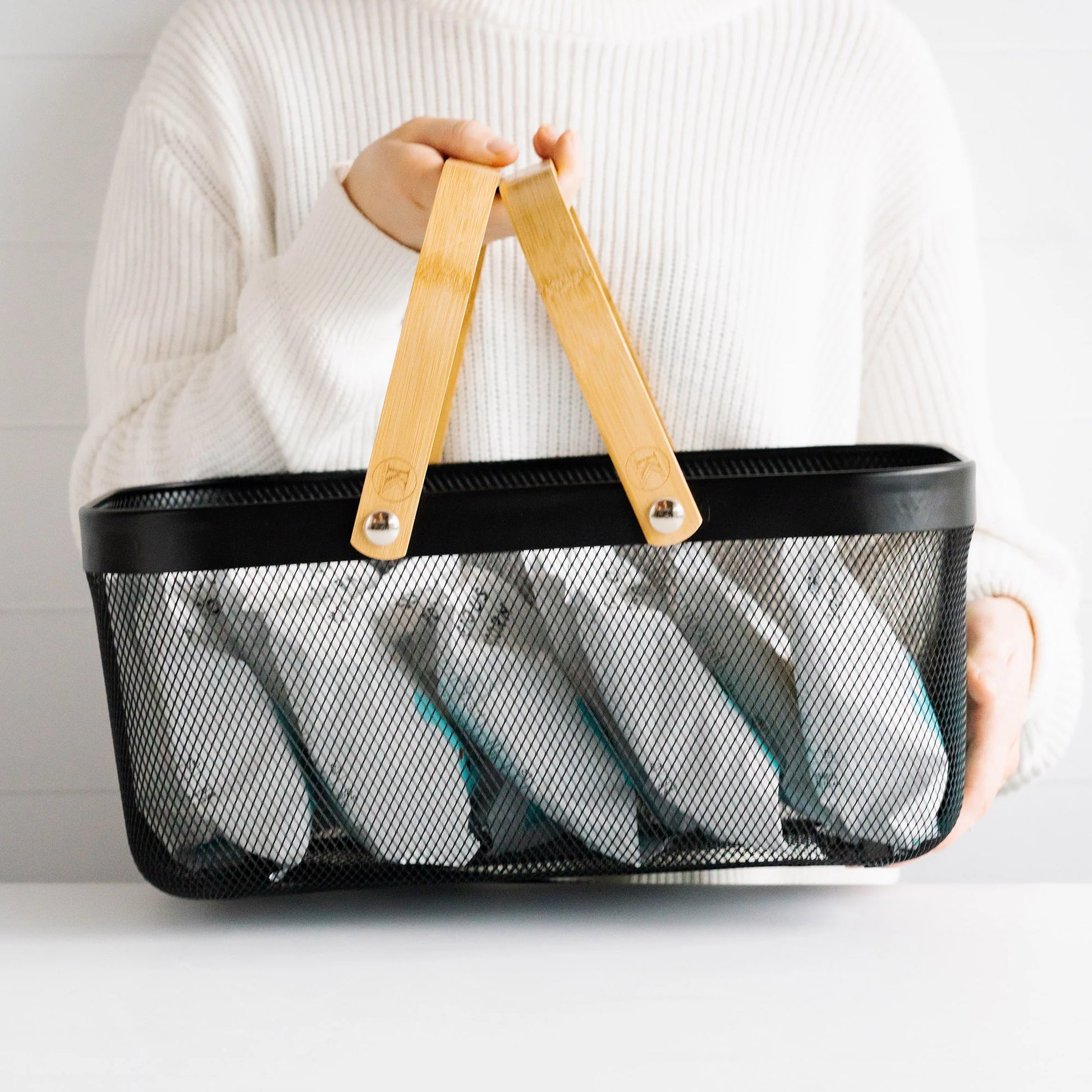 Double wire baskets with bamboo handles, ideal for stylish pantry organisation and home storage solutions in NZ homes.