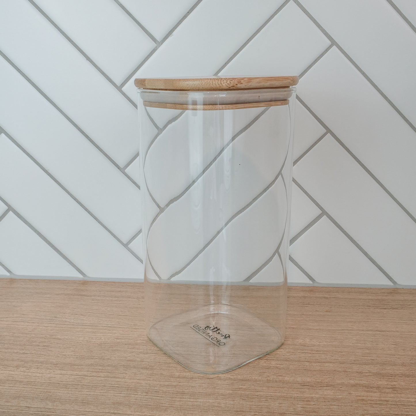 1500ml square glass container with bamboo lid, ideal for pantry organisation and storage in NZ homes.