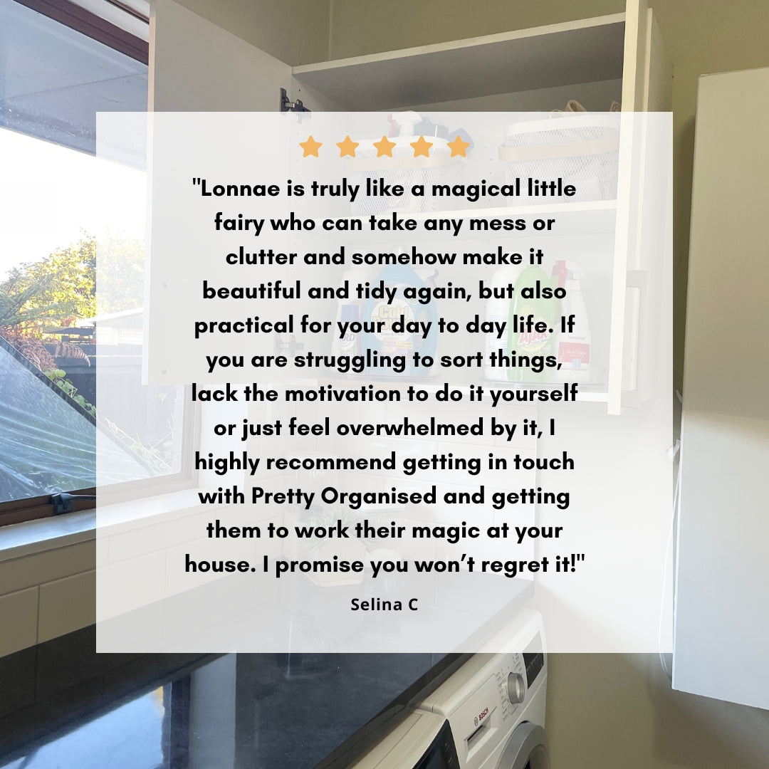 Customer review praising home organisation services, highlighting successful pantry organisation and decluttering in NZ homes.