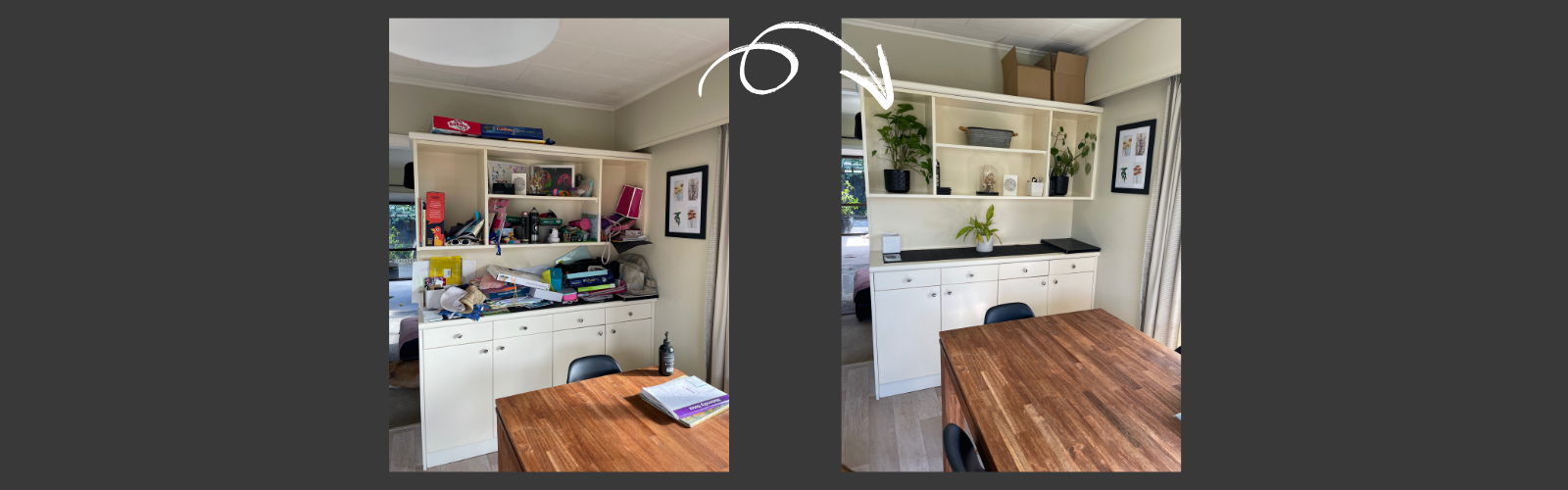 Before and after photos of a decluttering job, highlighting effective home organisation and decluttering services in NZ homes.