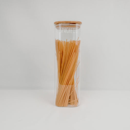 2500ml square glass container with bamboo lid, ideal for kitchen storage, pantry organisation, and decluttering services NZ.
