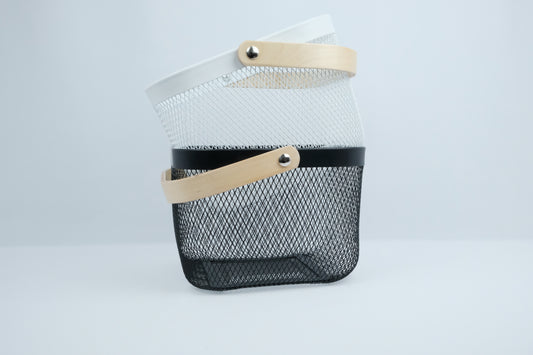 Wire baskets with bamboo handles, ideal for organising pantry items and enhancing kitchen storage in NZ homes.
