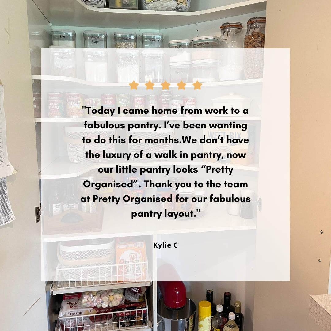 Customer review praising home organisation services, highlighting successful pantry organisation and decluttering in NZ homes.
