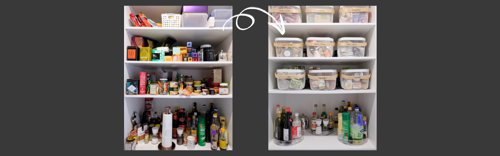 Before and after pantry photos showing a cluttered space transformed with expert home organisation and pantry solutions in NZ.