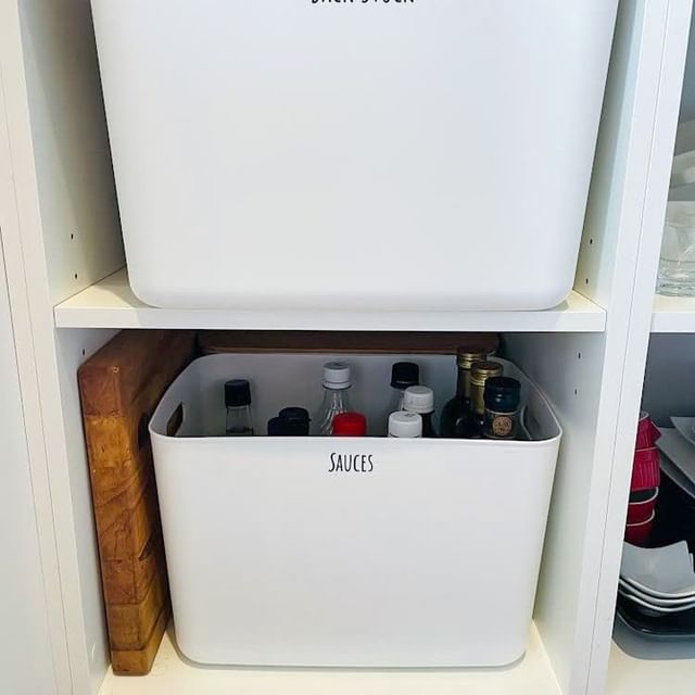 Everything tubs used for storing sauces and backstock items, perfect for kitchen storage and pantry organisation in NZ homes.