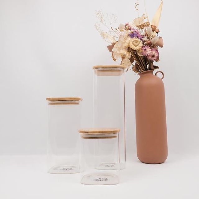 Square glass containers with bamboo lids, perfect for pantry organisation and kitchen storage in NZ.