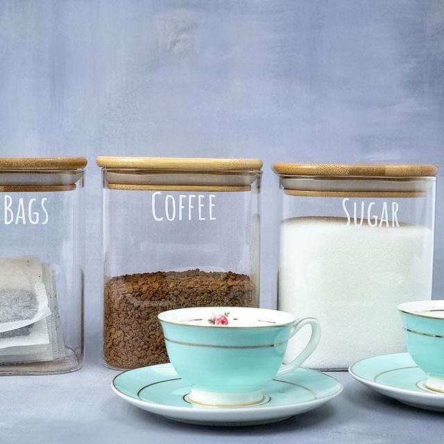 850ml square glass containers with bamboo lids storing tea, coffee, and sugar—perfect for pantry organisation and kitchen storage NZ.