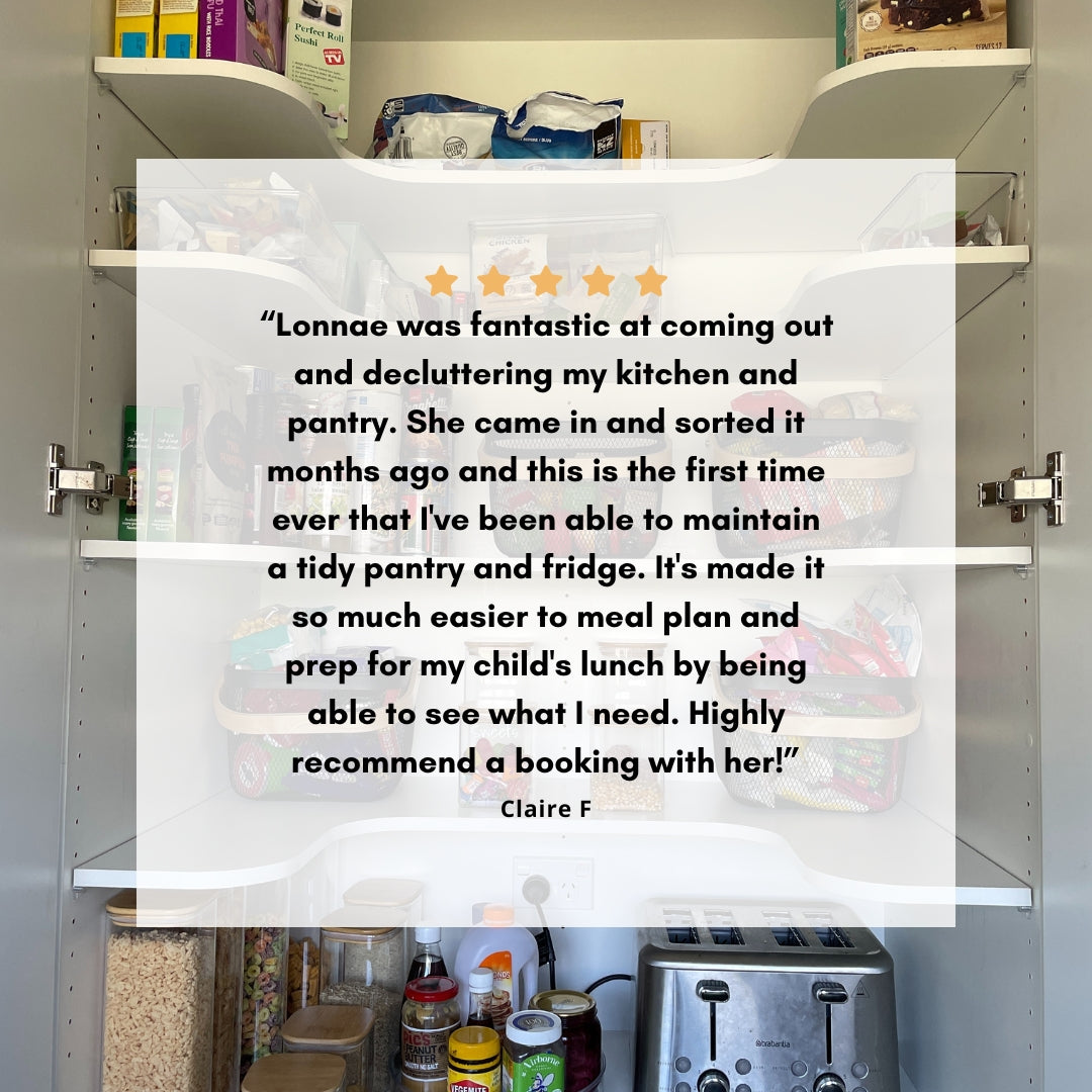 Customer review praising home organisation services, highlighting successful pantry organisation and decluttering in NZ homes.