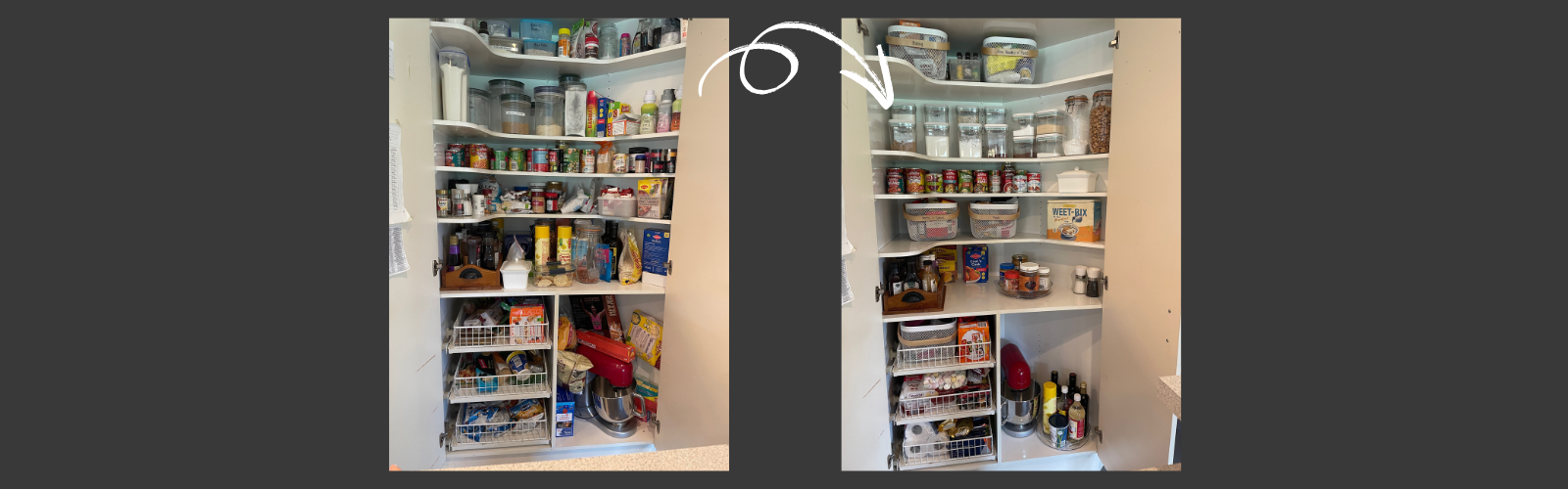 Before and after images of pantry organisation, demonstrating effective home organisation services and decluttering in NZ homes.