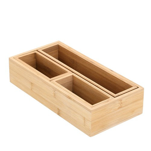 Four-piece set of bamboo trays for drawer organisation, perfect for home organisation services and decluttering NZ homes.