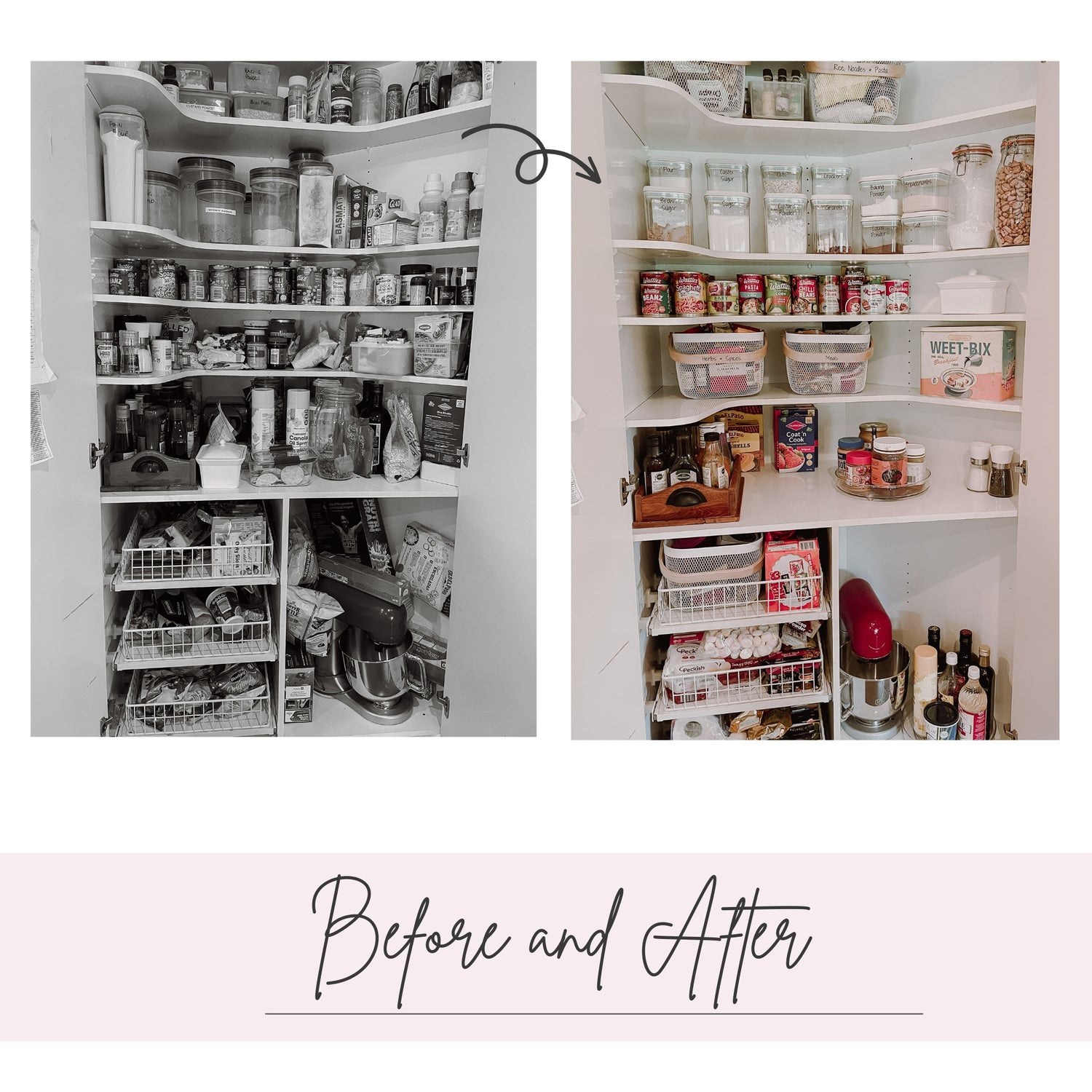 Before and after pantry transformation showcasing expert home organisation services and pantry organisation solutions.