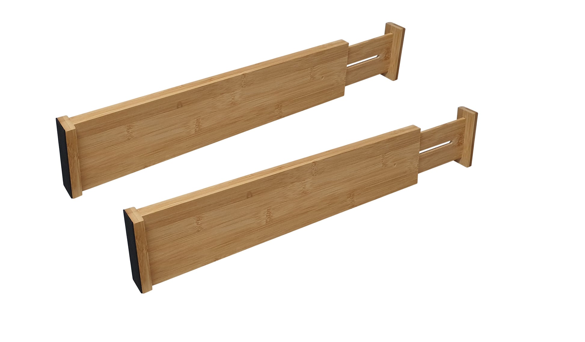Expandable deep bamboo drawer divider with soft ends, ideal for neatly organising large kitchen or wardrobe drawers.