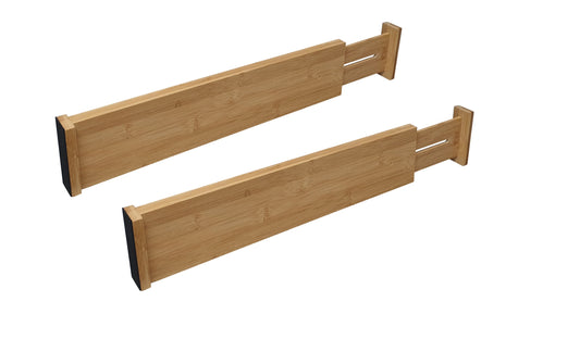 Expandable deep bamboo drawer divider with soft ends, ideal for neatly organising large kitchen or wardrobe drawers.