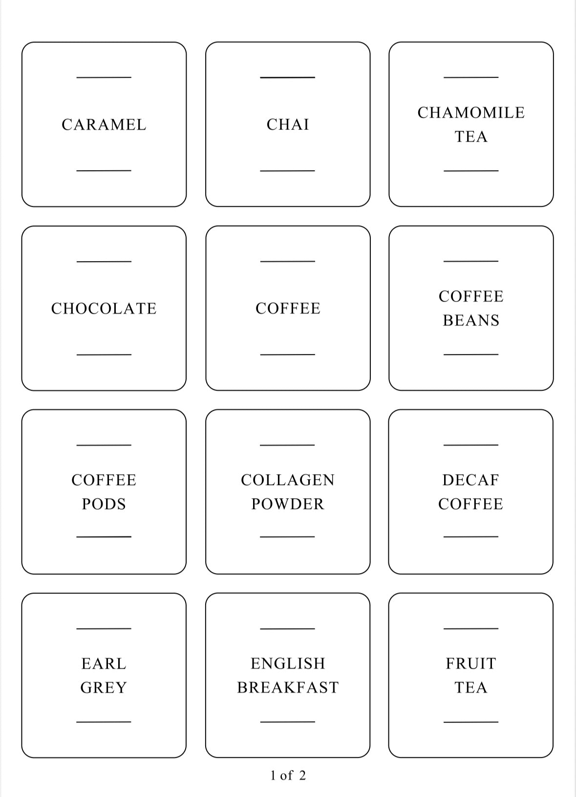 Square labels for drinks and syrups, helping with kitchen storage and pantry organisation in NZ homes.