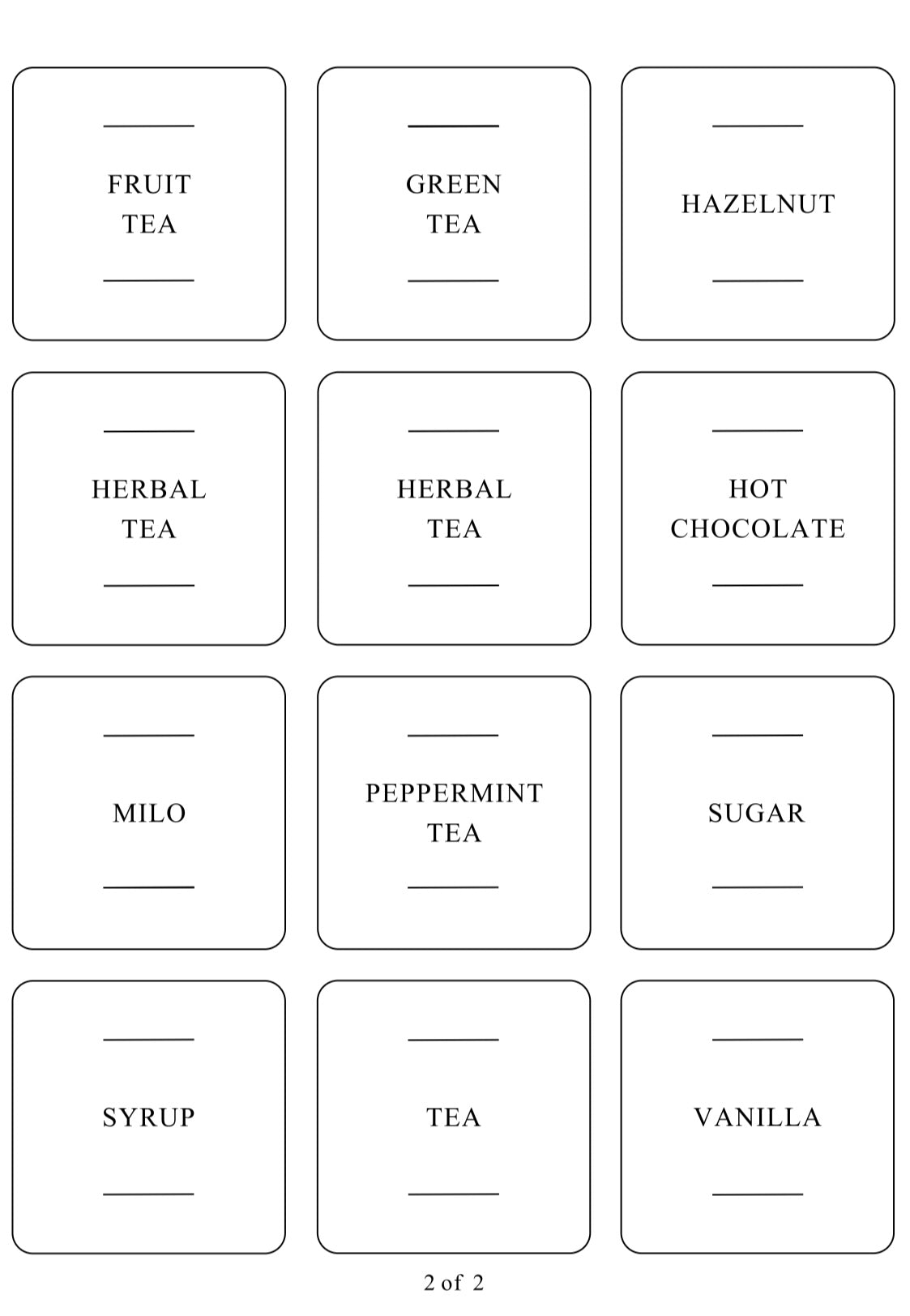 Square labels for drinks and syrups, helping with kitchen storage and pantry organisation in NZ homes.