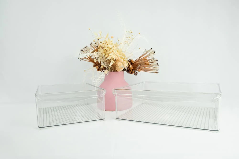 Medium and large fridge trays for efficient fridge organisation, perfect for kitchen storage, pantry organisation, and decluttering services NZ.