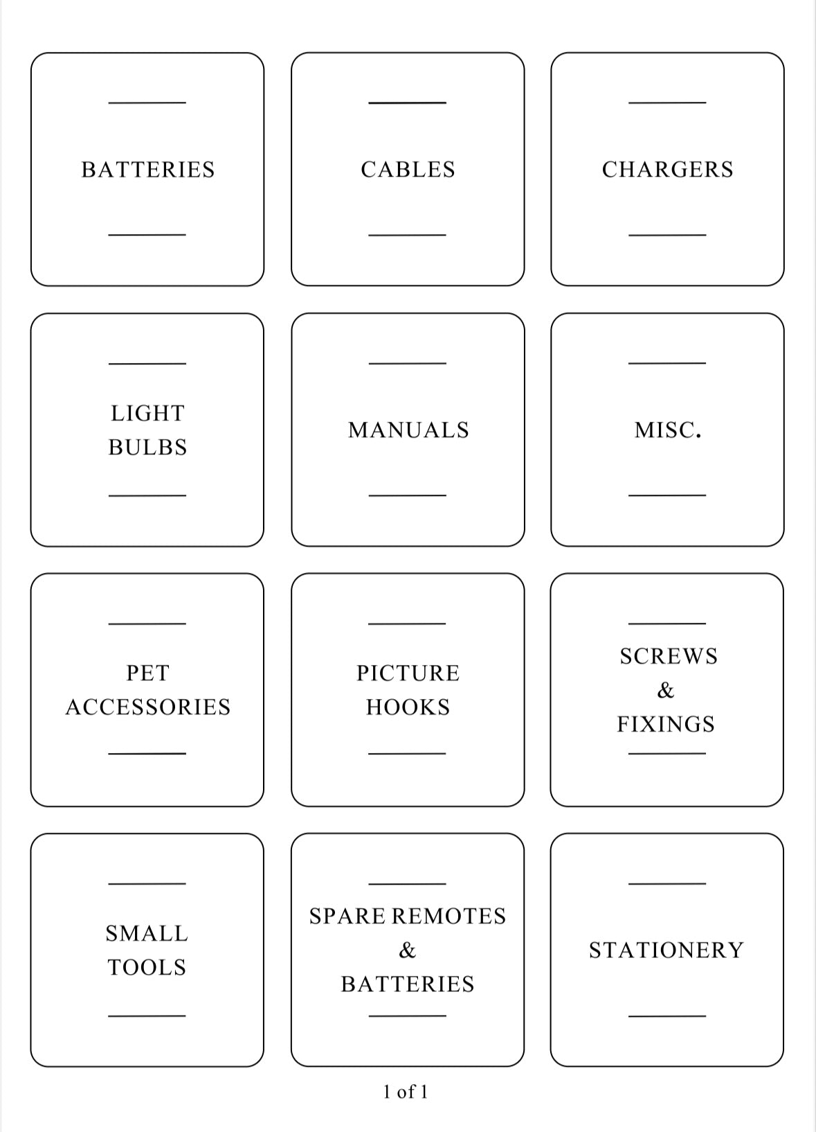 Square labels for home essentials like batteries, cables, and small tools, aiding pantry organisation and decluttering.