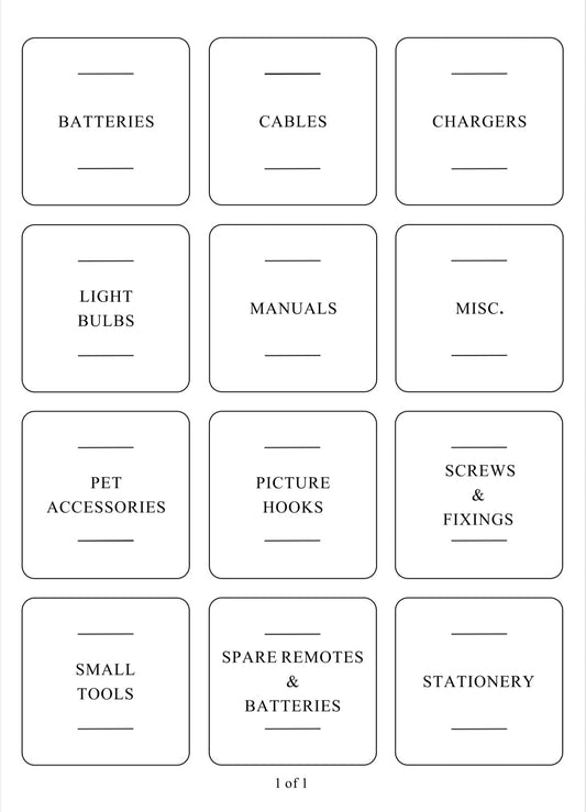 Square labels for home essentials like batteries, cables, and small tools, aiding pantry organisation and decluttering.