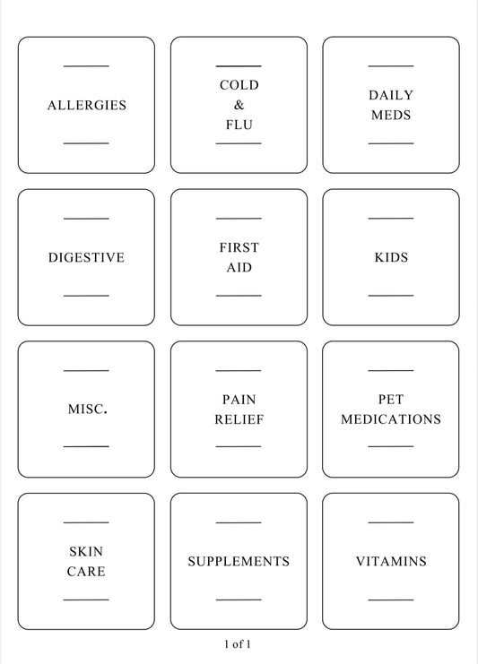 Square labels for medications, ideal for home organisation services and decluttering with clear, practical kitchen storage.