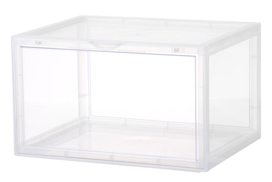 Transparent plastic stackable shoe box with front magnetic door, designed for easy access and neat shoe organisation.