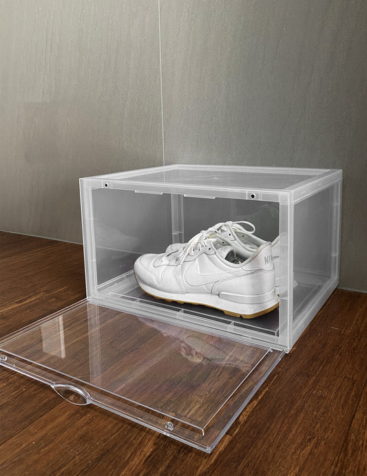 Large clear plastic shoe box with magnetic front lid, stackable design for organised and visible shoe storage.