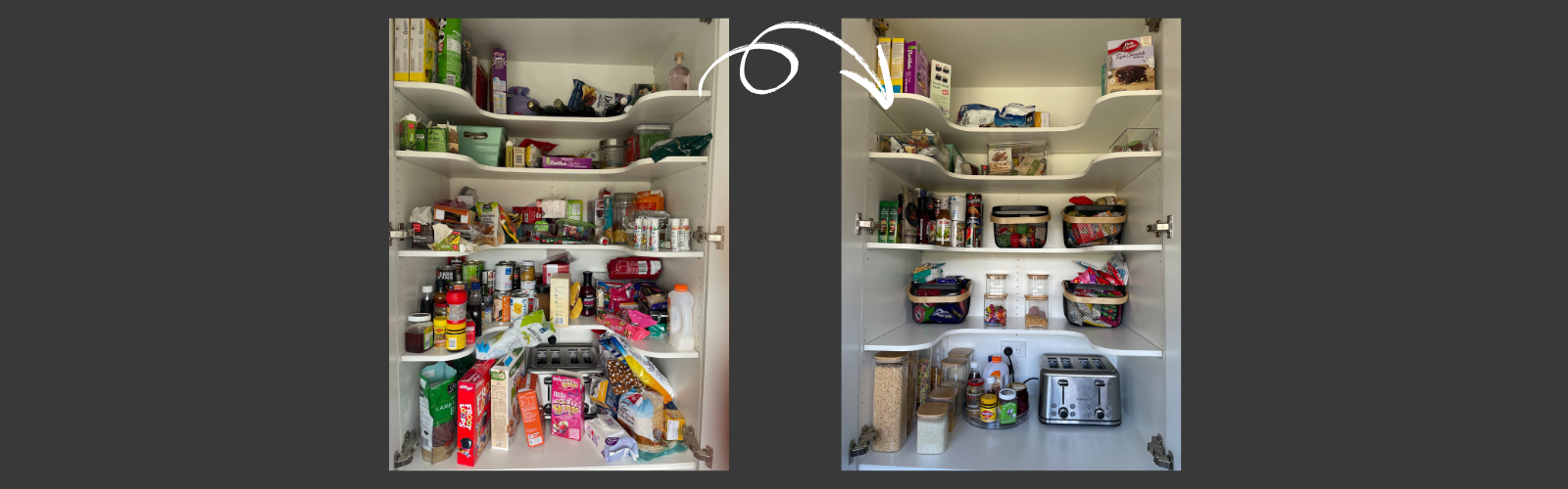 Before and after pantry transformation showcasing expert pantry organisation and home organisation services in NZ homes.