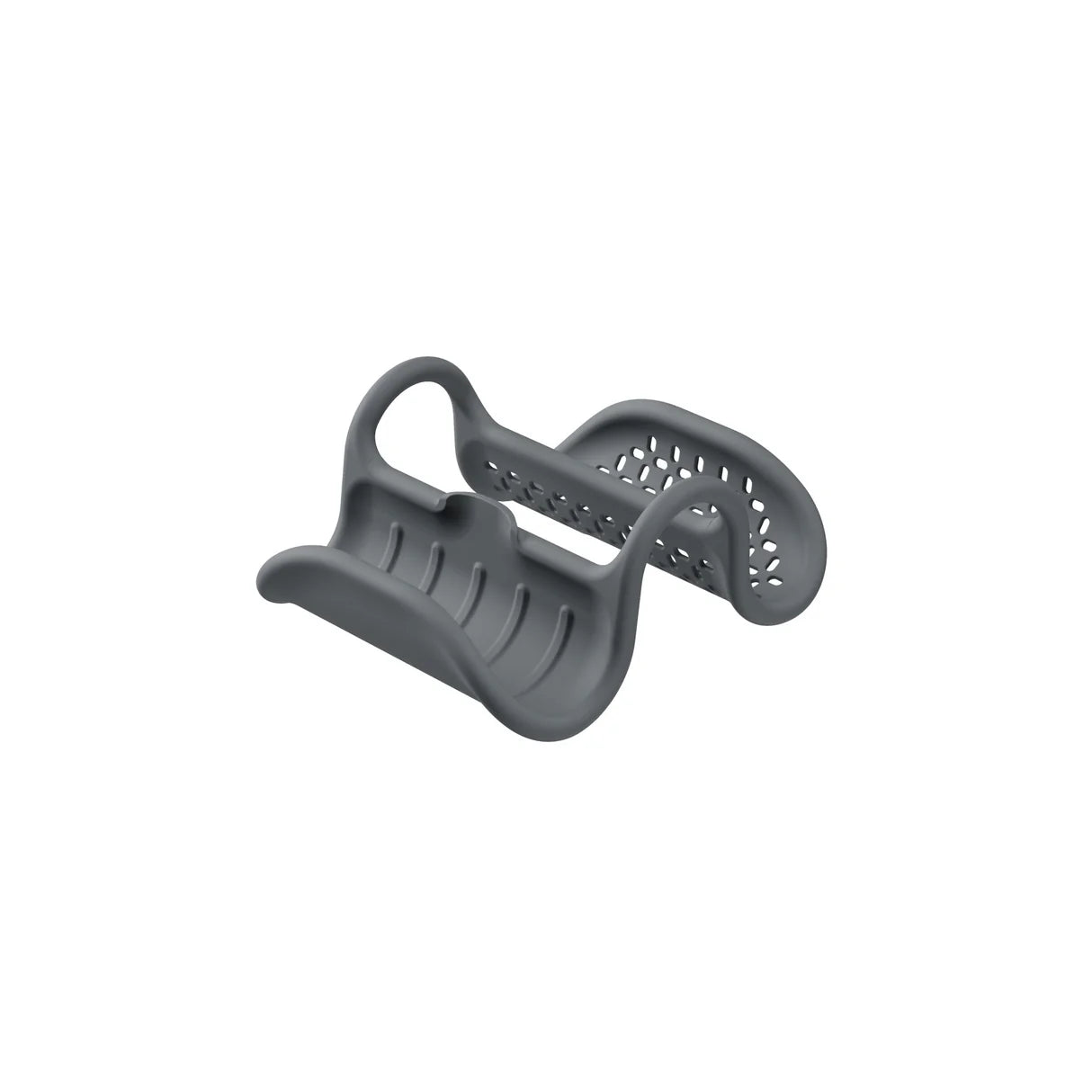 Non-slip flexible sink organiser with cutouts and perforated base.