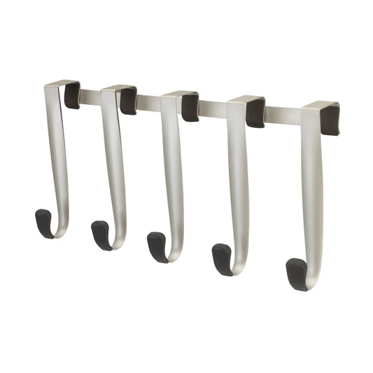 Metal over-the-door hook rack with five hooks on a white background