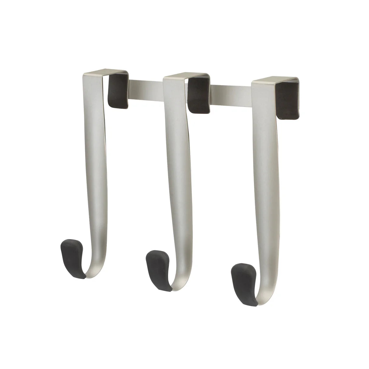Three nickel-finish over-the-door hooks displayed on a plain white background.