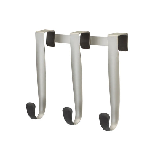 Three nickel-finish over-the-door hooks displayed on a plain white background.