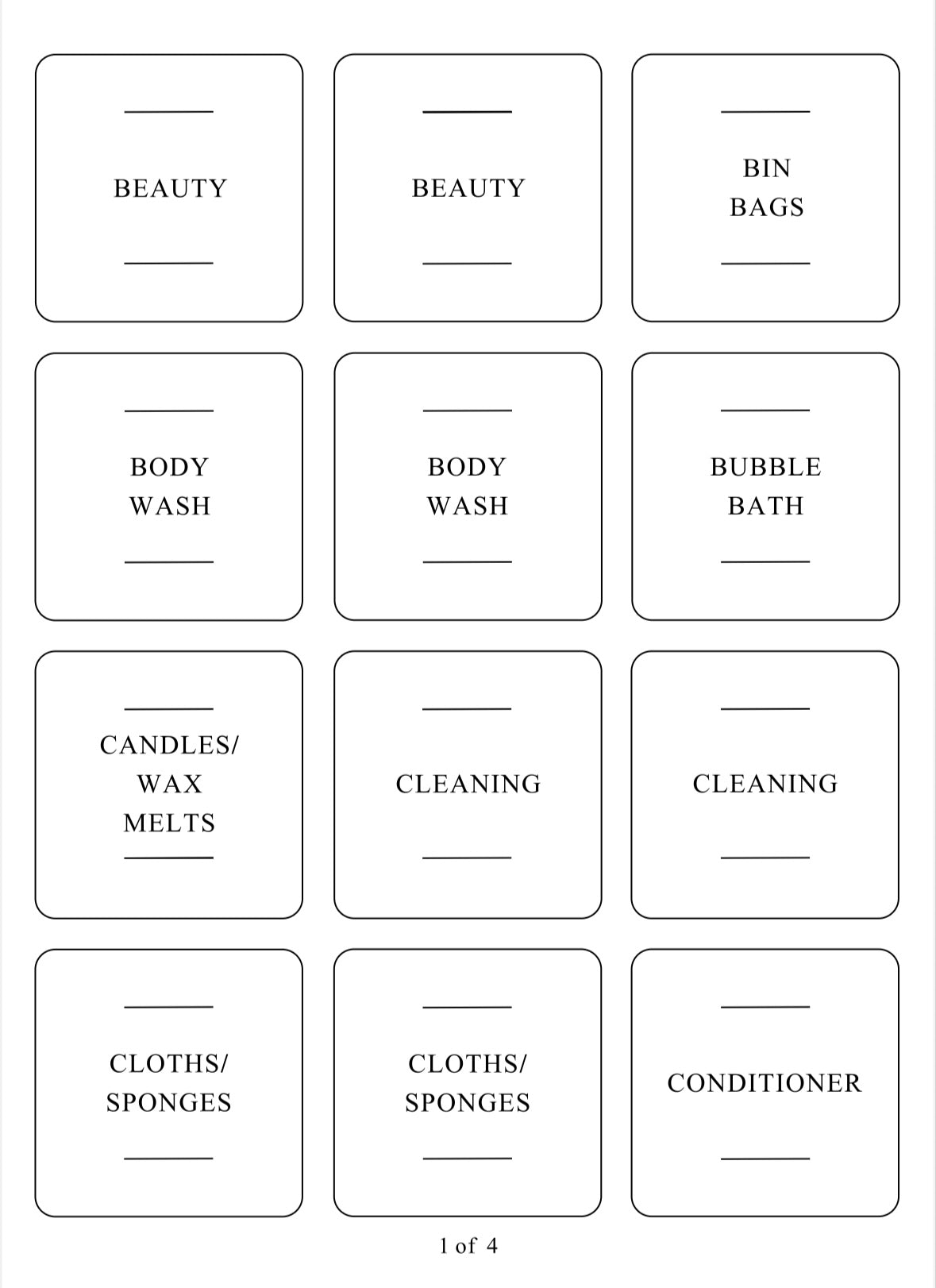 Square labels for laundry, bathroom, and skin care products, perfect for home organisation services and decluttering.