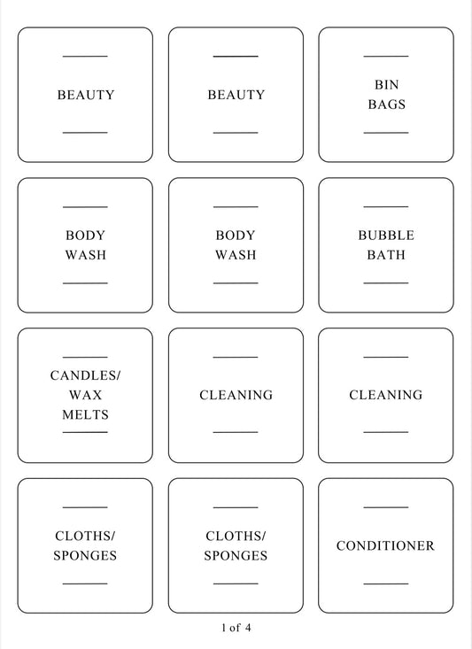 Square labels for laundry, bathroom, and skin care products, perfect for home organisation services and decluttering.