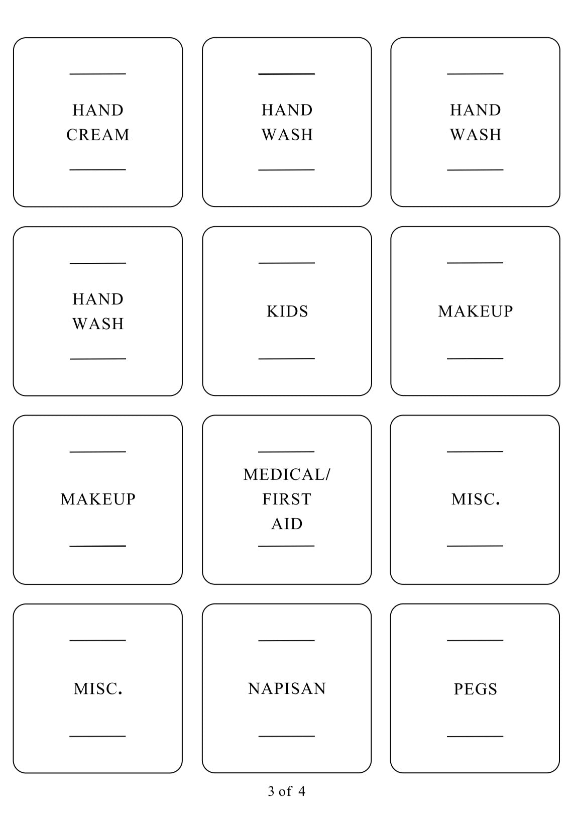 Square labels for laundry, bathroom, and skin care products, perfect for home organisation services and decluttering.