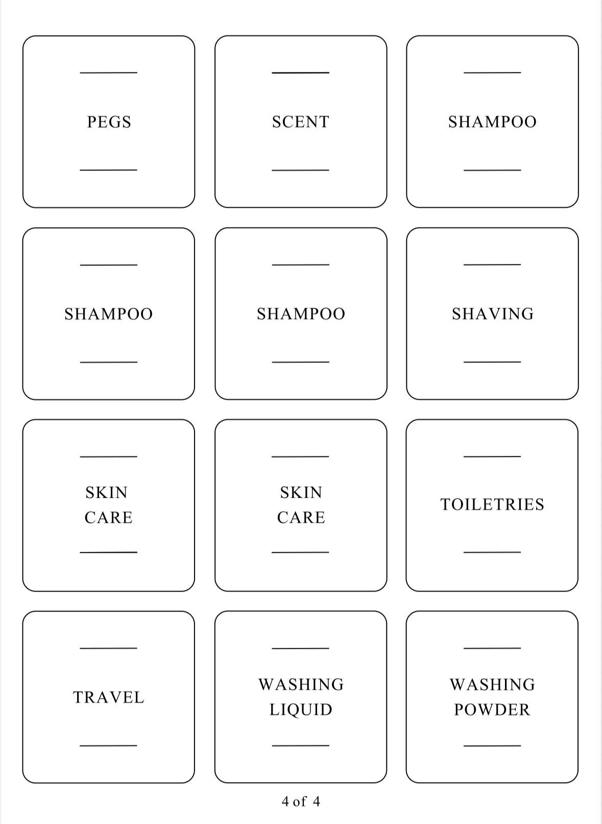 Square labels for laundry, bathroom, and skin care products, perfect for home organisation services and decluttering.