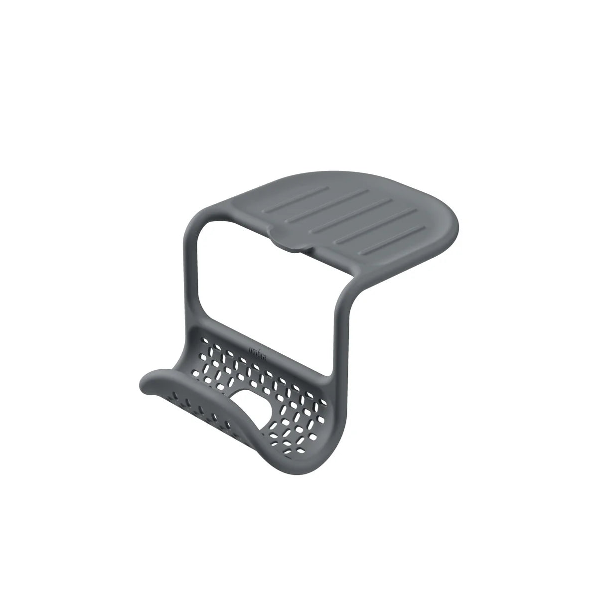 Gray plastic sink caddy with perforated design.