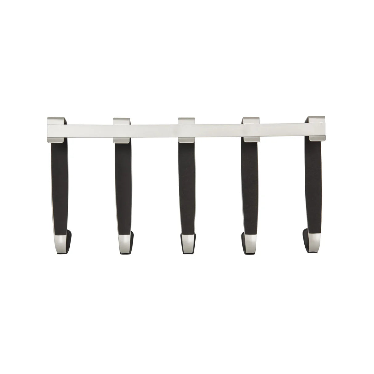 Set of five nickel-finish over-the-door hooks displayed on a plain white background.