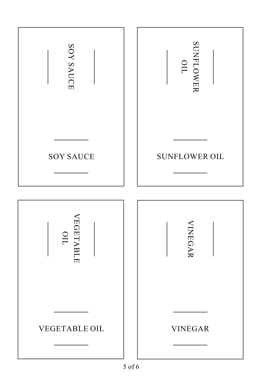 Square labels for oil and vinegar bottles, ideal for kitchen storage and pantry organisation in NZ homes.