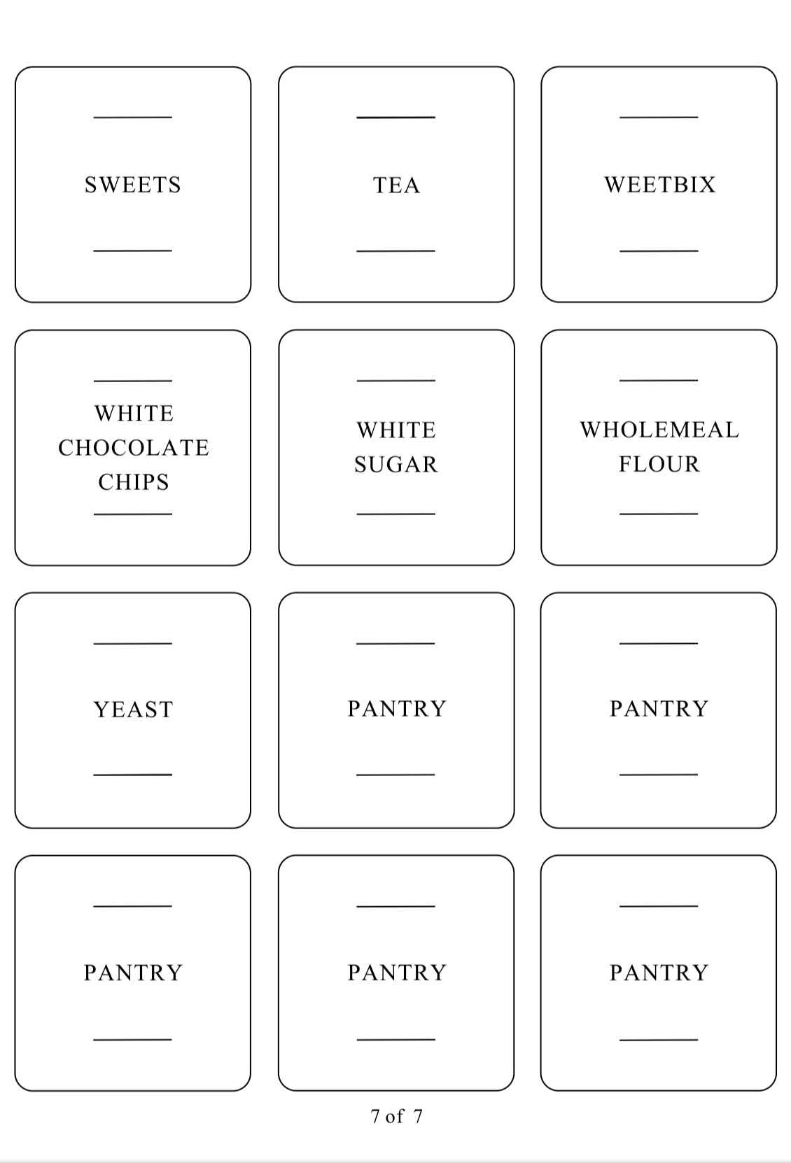 Square labels for pantry items, designed for pantry organisation and kitchen storage to keep NZ homes tidy.