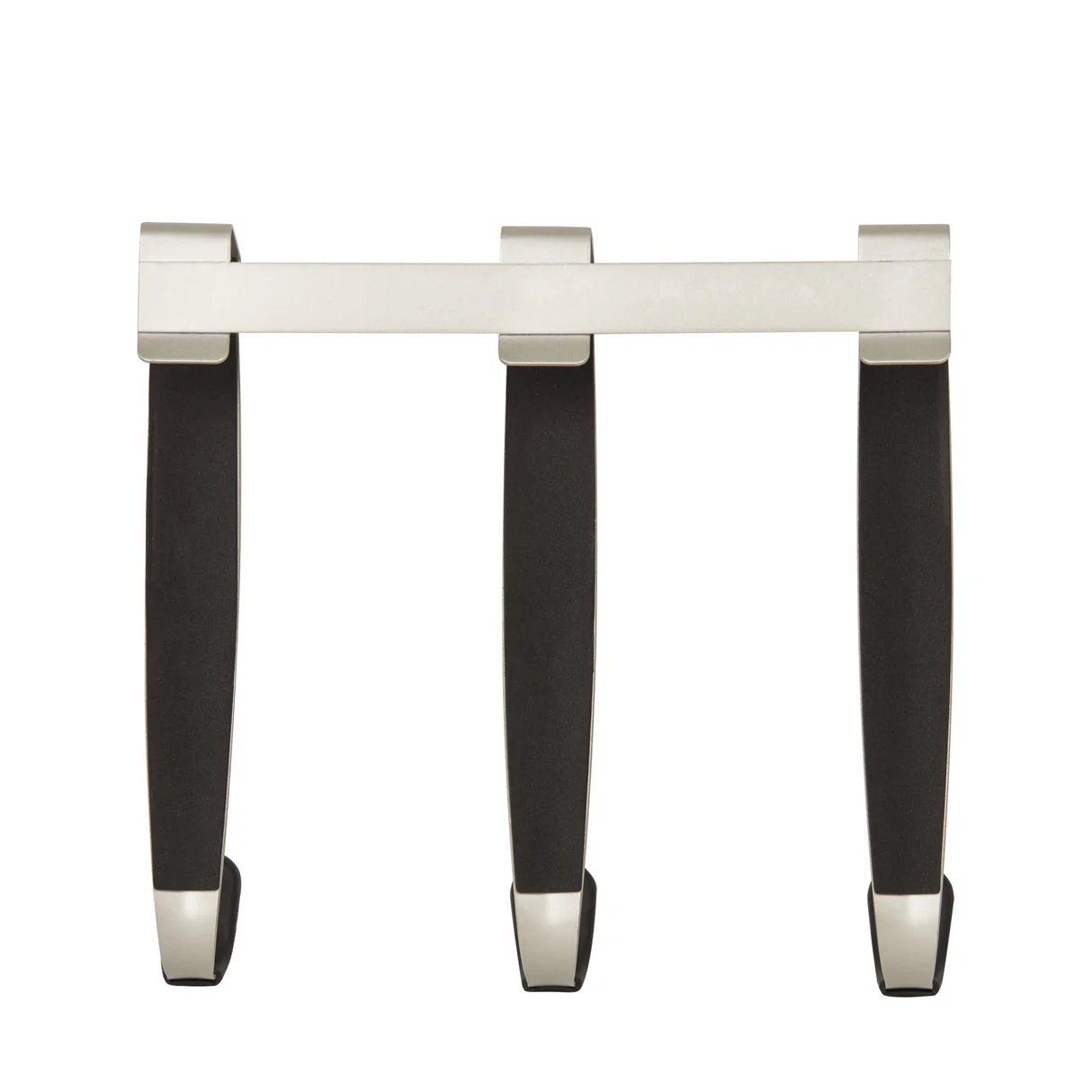 Three nickel-finish over-the-door hooks, ideal for organising clothes or accessories.