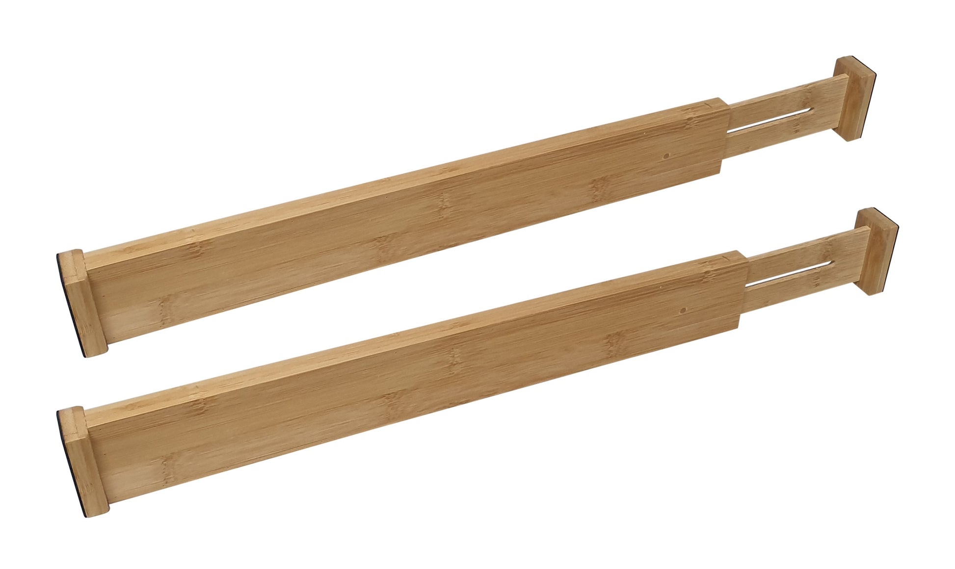 Set of 2 shallow bamboo drawer dividers with spring-loaded ends, designed to organise small items in shallow kitchen or office drawers.
