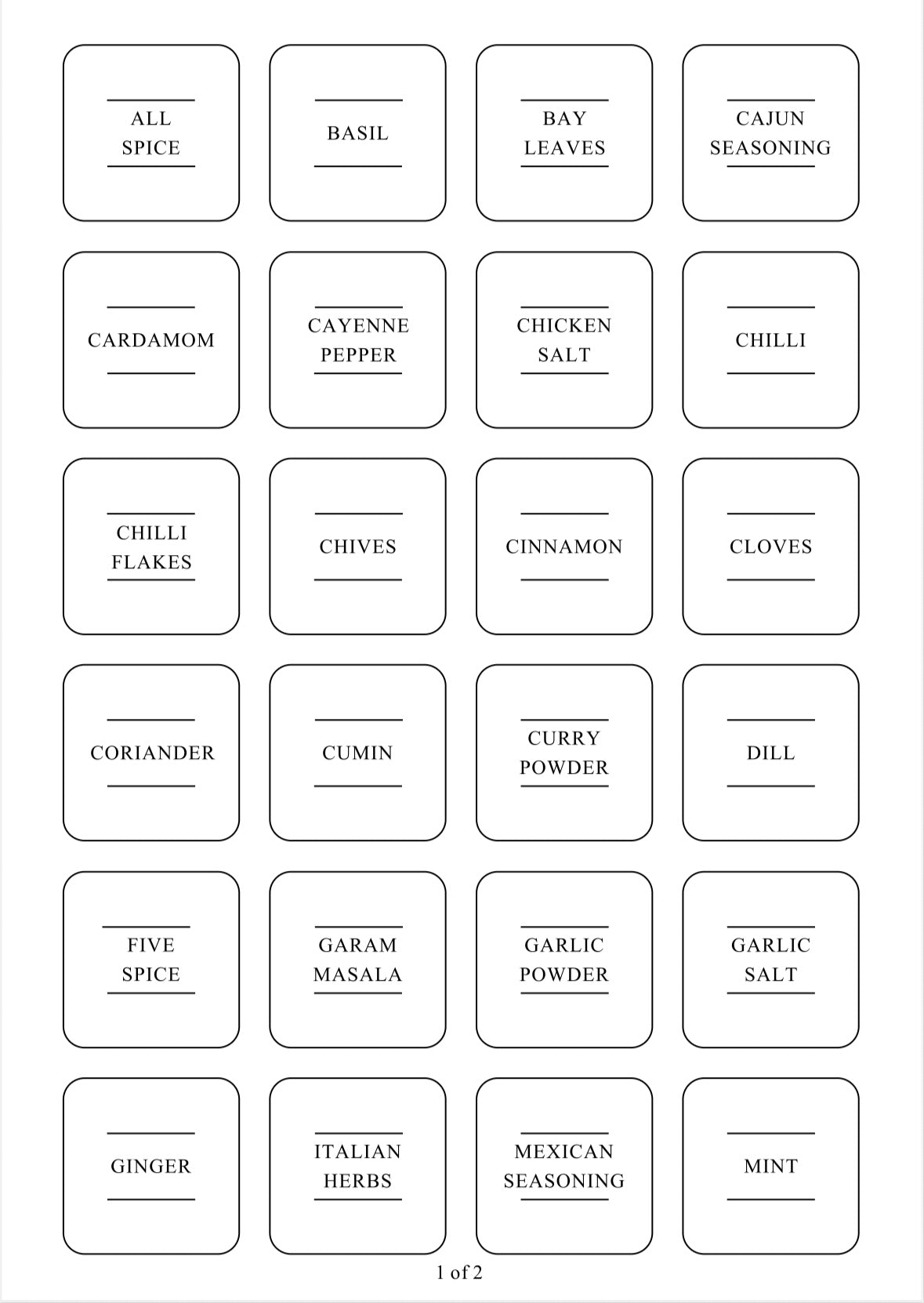 Square labels for spice jars, enhancing pantry organisation and kitchen storage with clear, stylish home essentials.