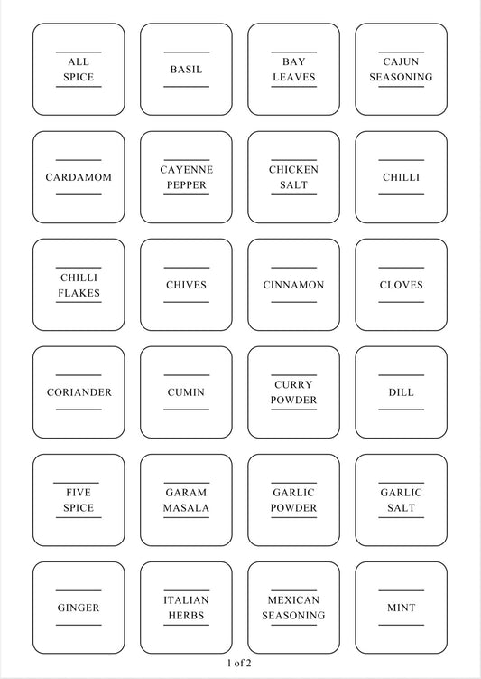 Square labels for spice jars, enhancing pantry organisation and kitchen storage with clear, stylish home essentials.