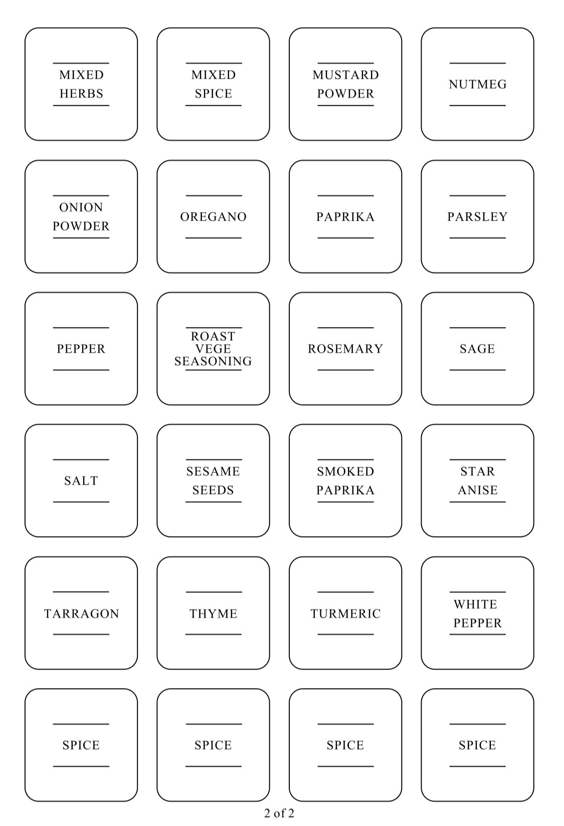 Square labels for spice jars, enhancing pantry organisation and kitchen storage with clear, stylish home essentials.