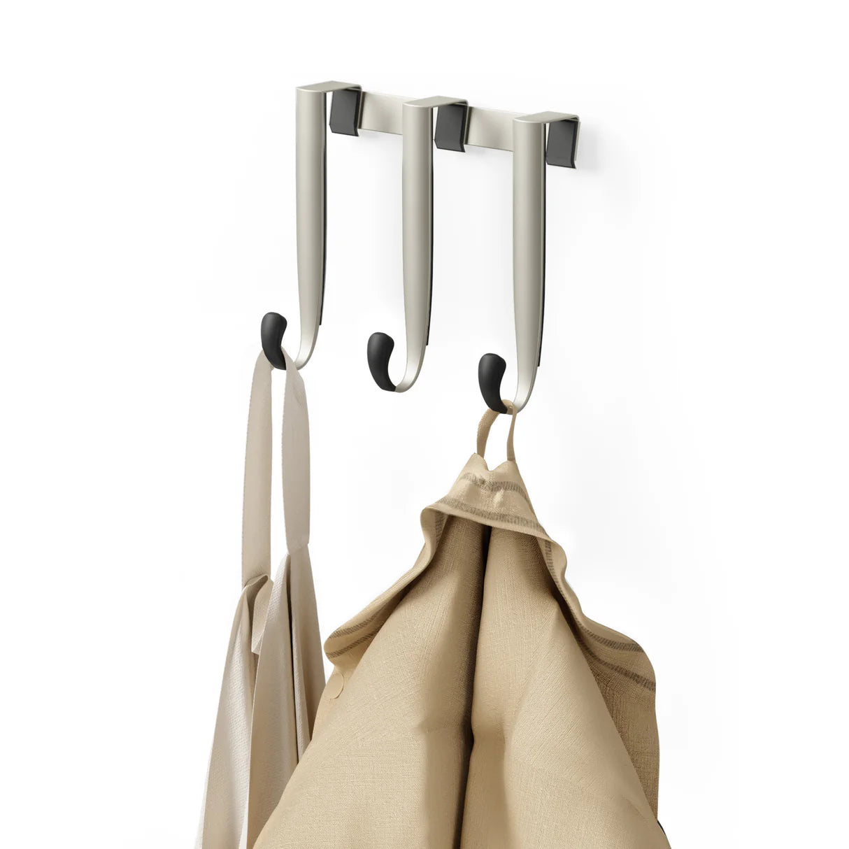 Set of three nickel-finished over-the-door hooks for hanging items, shown against a plain background.