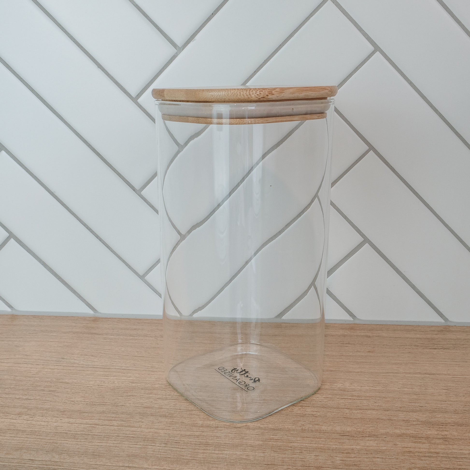 1500ml square glass container with bamboo lid, ideal for pantry organisation and storage in NZ homes.
