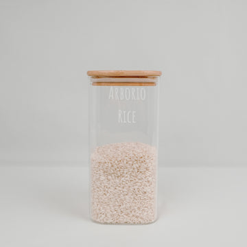 1500ml square glass container with bamboo lid, ideal for stylish pantry organisation and storage in NZ homes.
