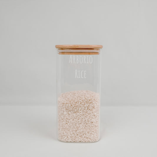 1500ml square glass container with bamboo lid, ideal for stylish pantry organisation and storage in NZ homes.
