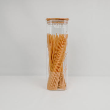2500ml square glass container with bamboo lid, ideal for kitchen storage, pantry organisation, and decluttering services NZ.
