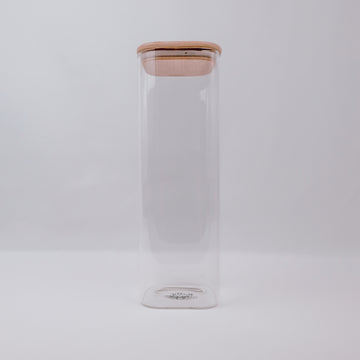 2500ml square glass container with bamboo lid, perfect for pantry and kitchen storage, plus home organisation services NZ.
